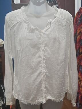 Fei by Anthropologie - White Frayed-Edge Button Front Blouse, Small